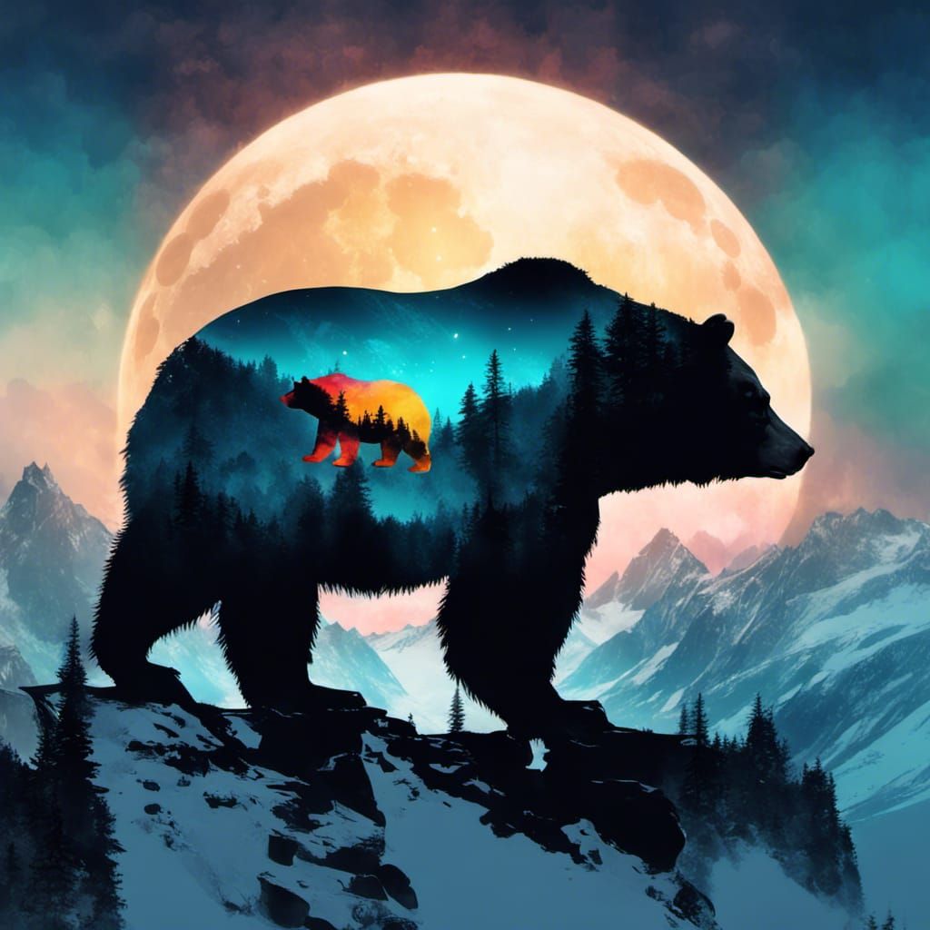 Obese Bear Silhouette on Mountainous Landscape