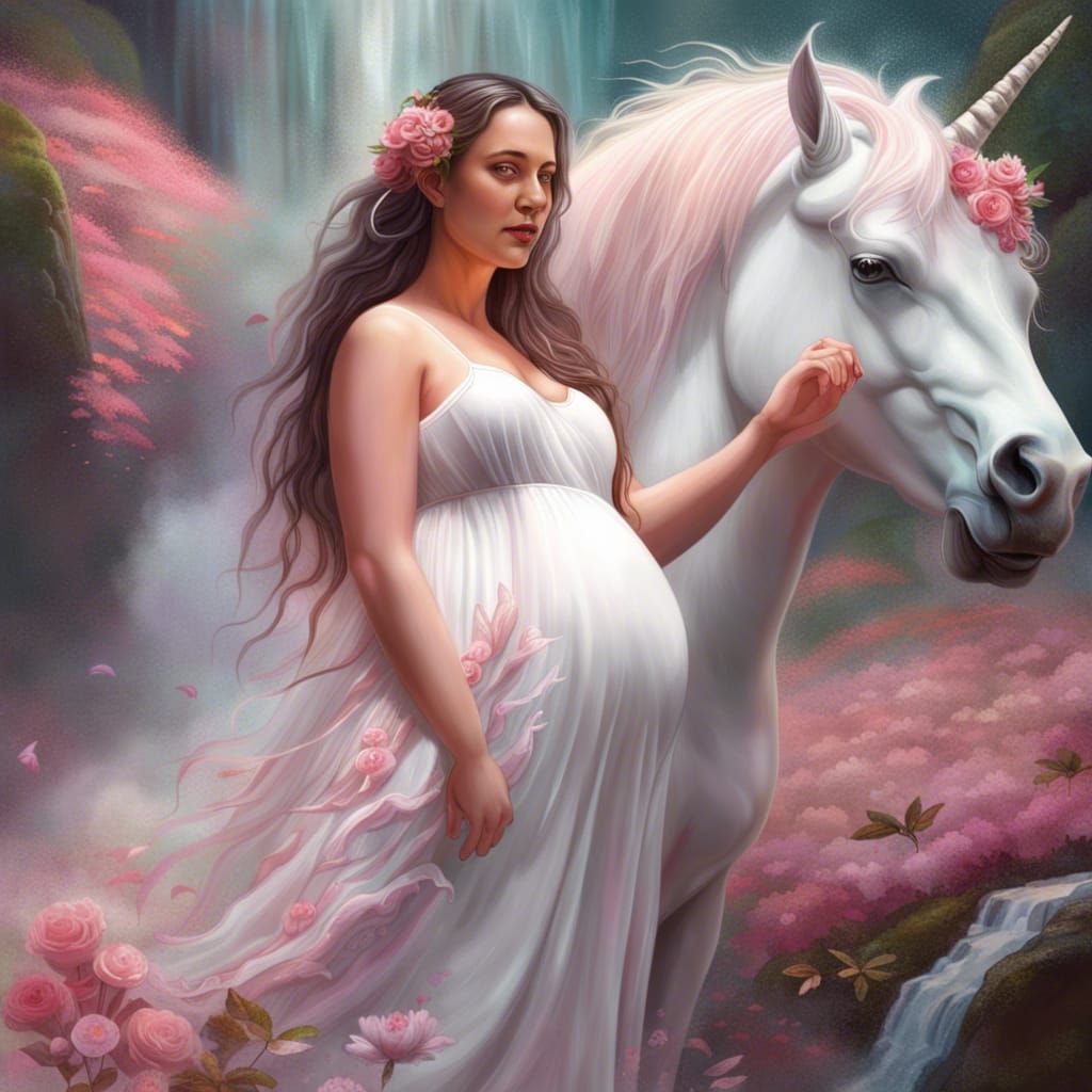 Pregnant Woman and Unicorn with Pink Flowers