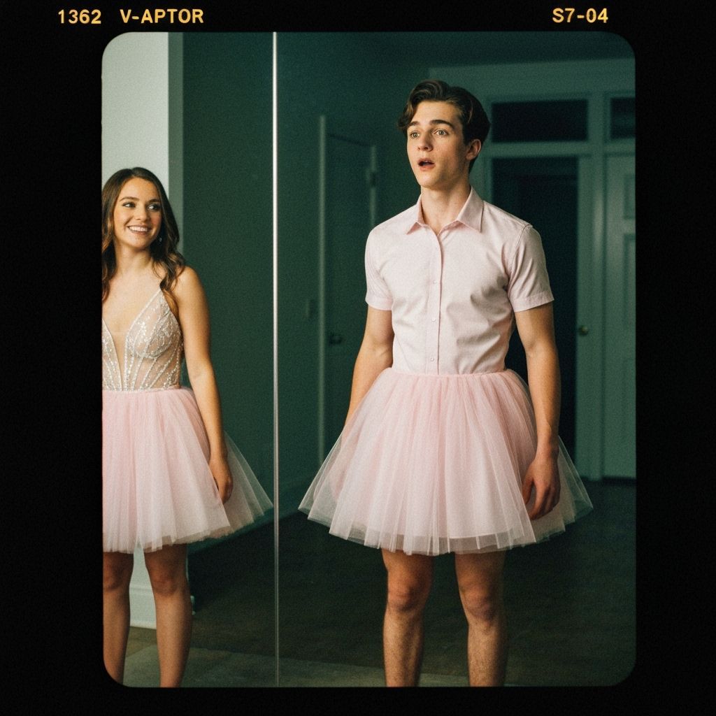 Surprised Man Sees Crossdressing Reflection in Prom Dress