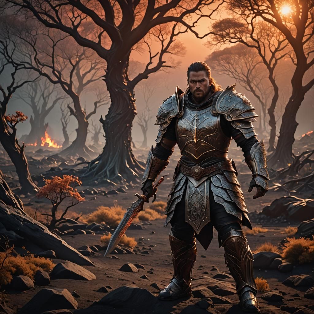 Armored Warrior in Lava Field, Fractal Fantasy Art