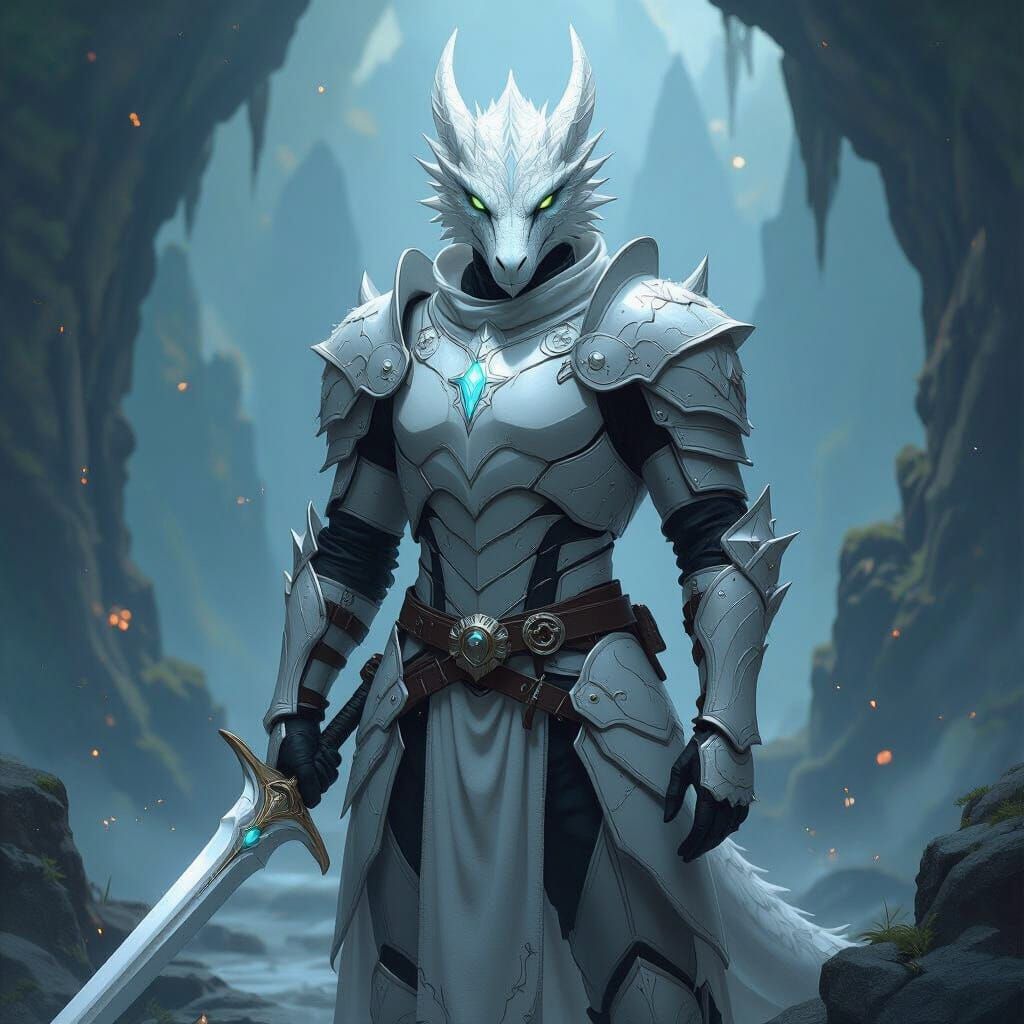 Dragonborn Fighter in Silver Armor, Futuristic Realism