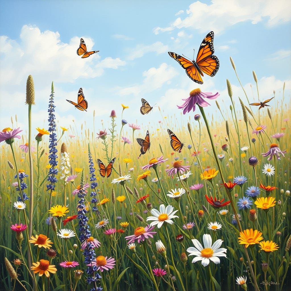 Vibrant Meadow Scene in Impressionist Oil Painting Style