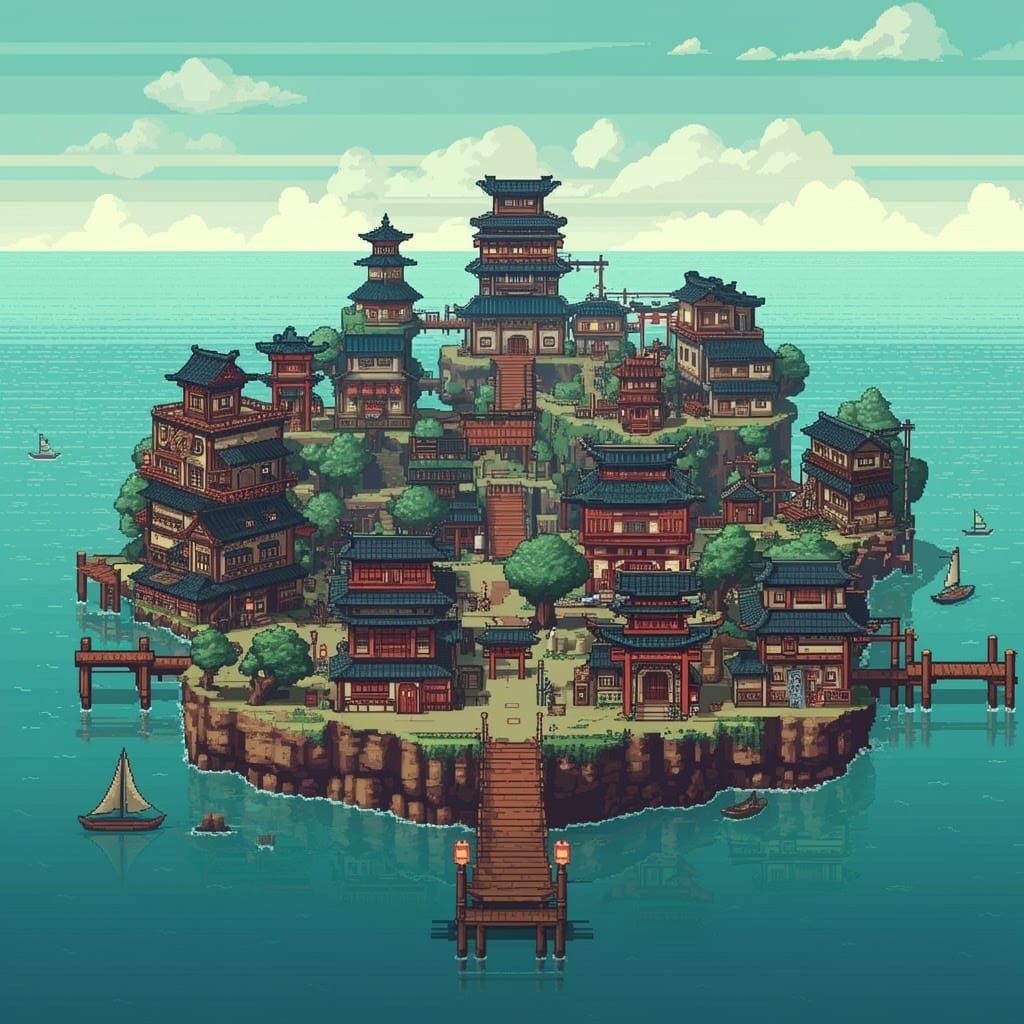 Vibrant Pixel Art Metropolis on Island