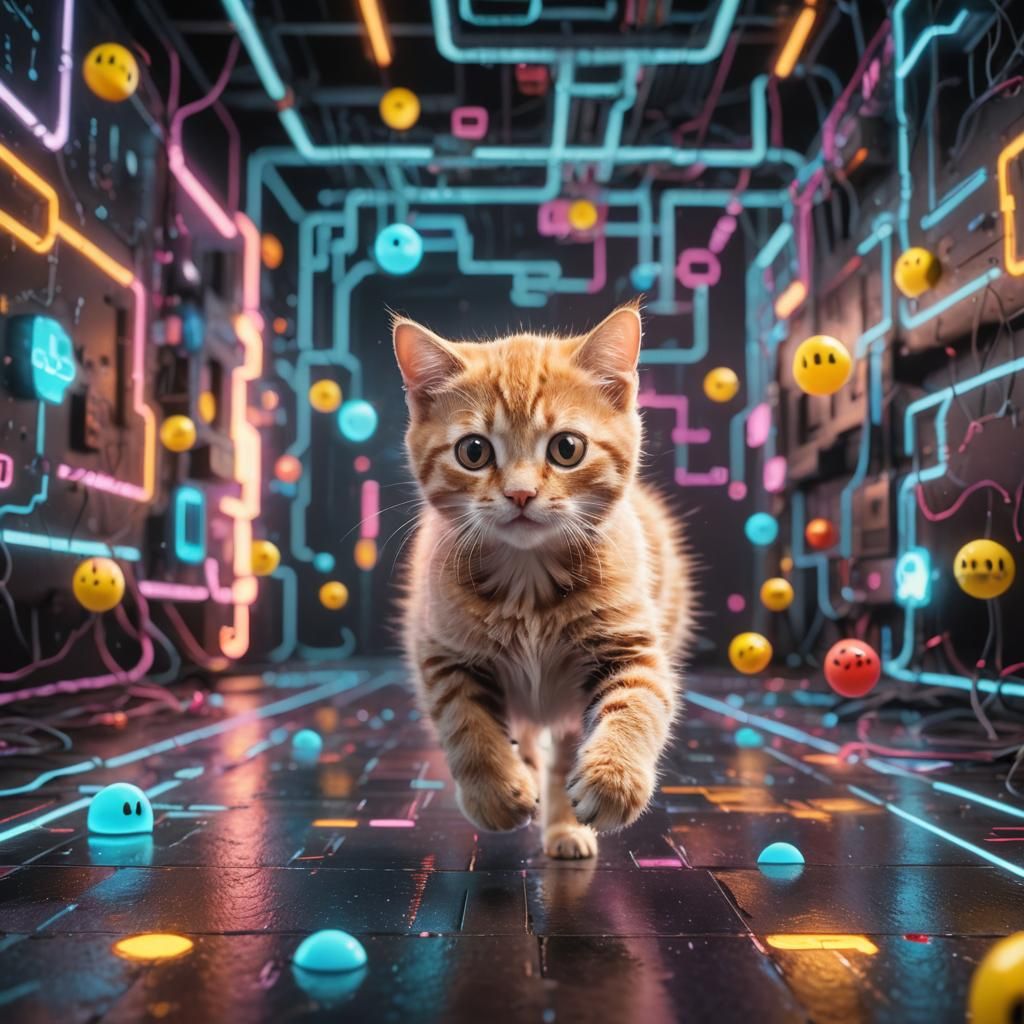Kitten Chasing Ghosts in Cyberpunk Pac-Man