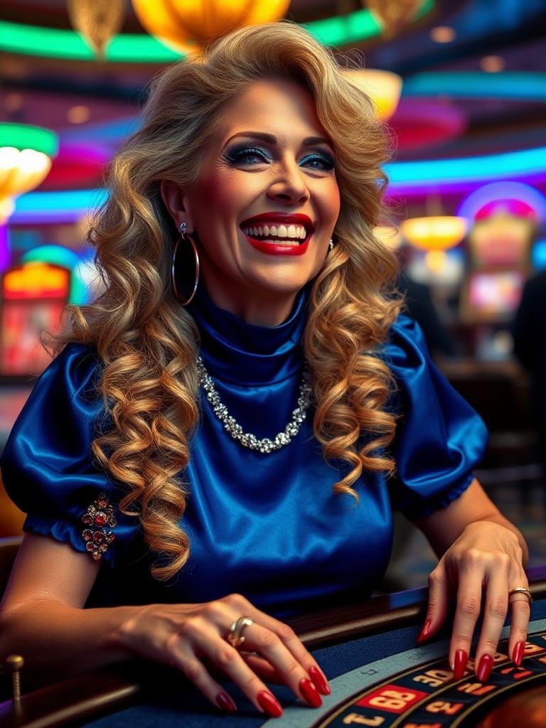 Elegant Woman Laughing in Casino, Glamour Photography Style