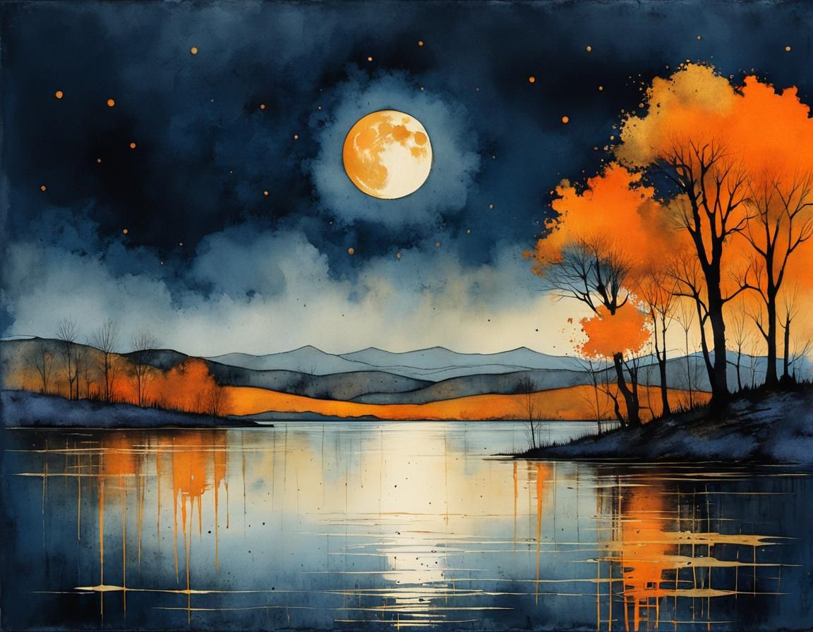 Navy and Gold Moonrise Lake in Watercolor Style