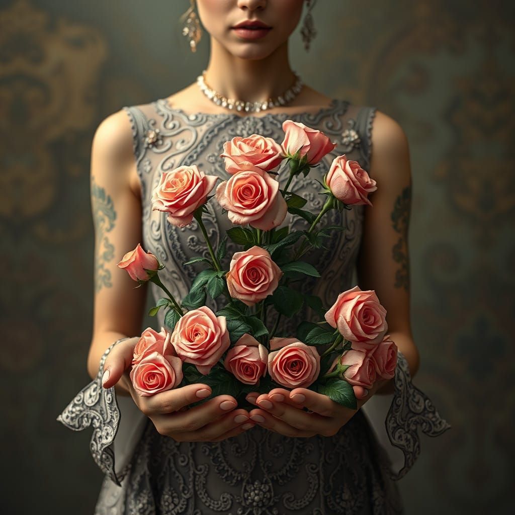 Ethereal Woman Surrounded by Intricate Roses in Hyperrealist...