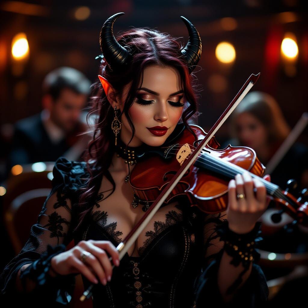 Tiefling Violinist in Dimly Lit Jazz Club Atmosphere
