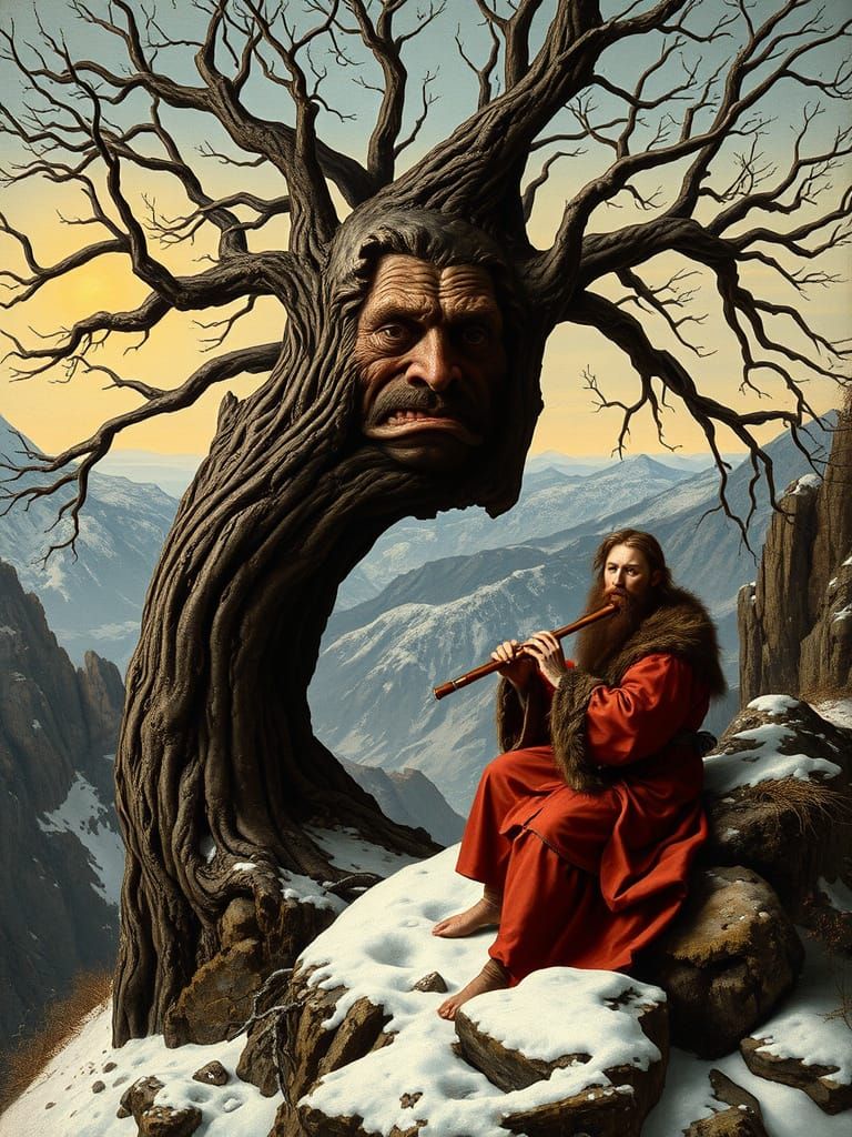 Enchanted Tree of Wisdom in Winter Landscape