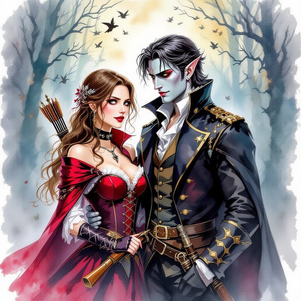 Hunter and Vampire Couple in Watercolor Style