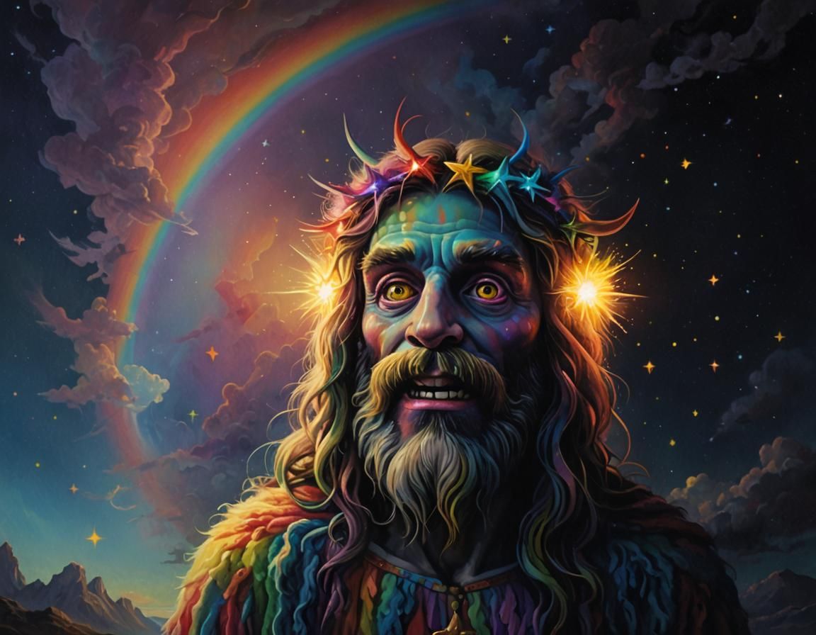 Monster and Jesus in Surreal Rainbow Heaven