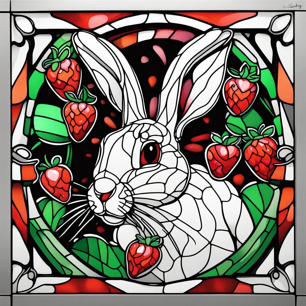 stained glass pattern of rabbit eating strawberry black and white very simple line art