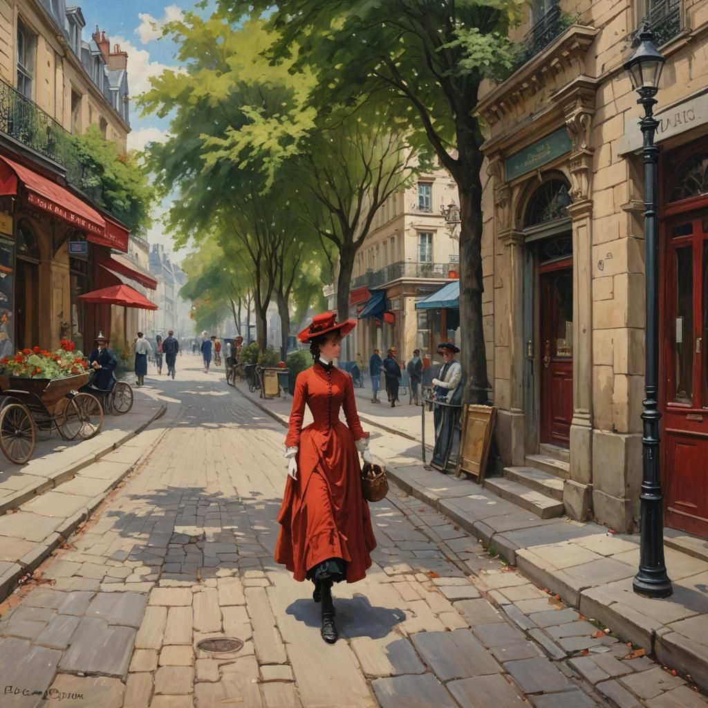 Victorian Paris: Woman in Red Dress, Oil Painting