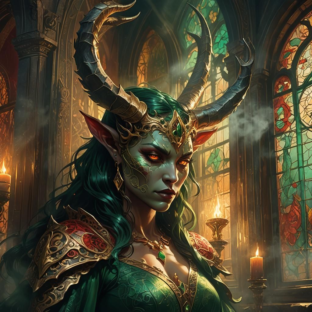 Eerie She-Demon Gazing Through Misty Window