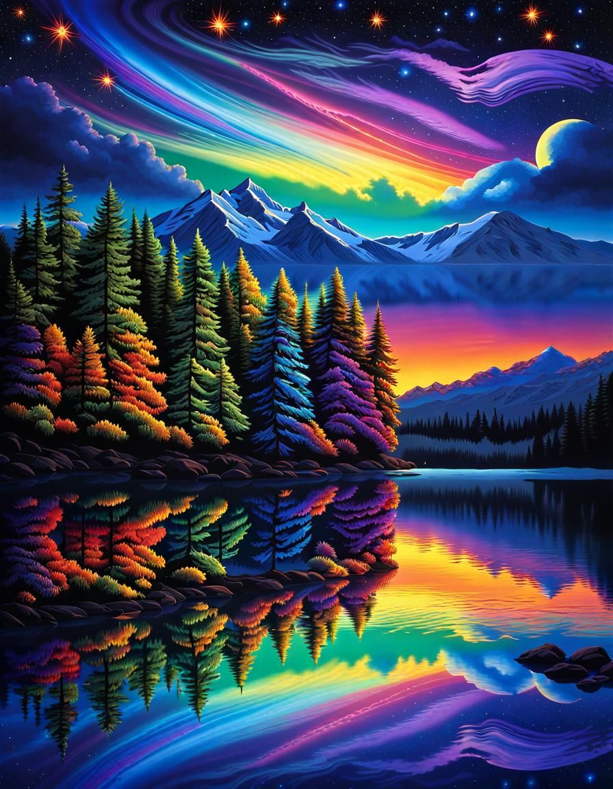 Celestial Night Sky with Rainbow Bird