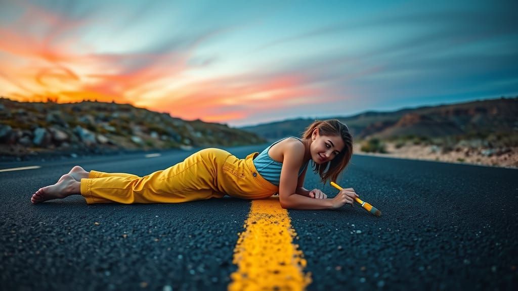 Woman Painting Stripe on Road at Sunset: Photorealistic