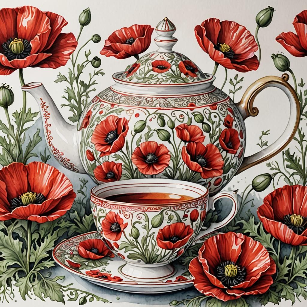 Teapot and Teacup with Poppies in Watercolor
