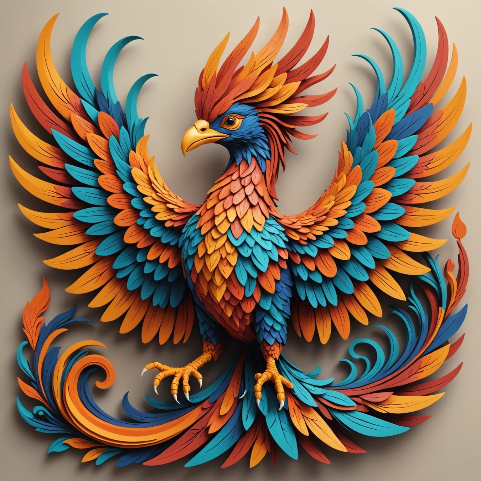 Vibrant Clay Phoenix Sculpture in Abstract 3D Style