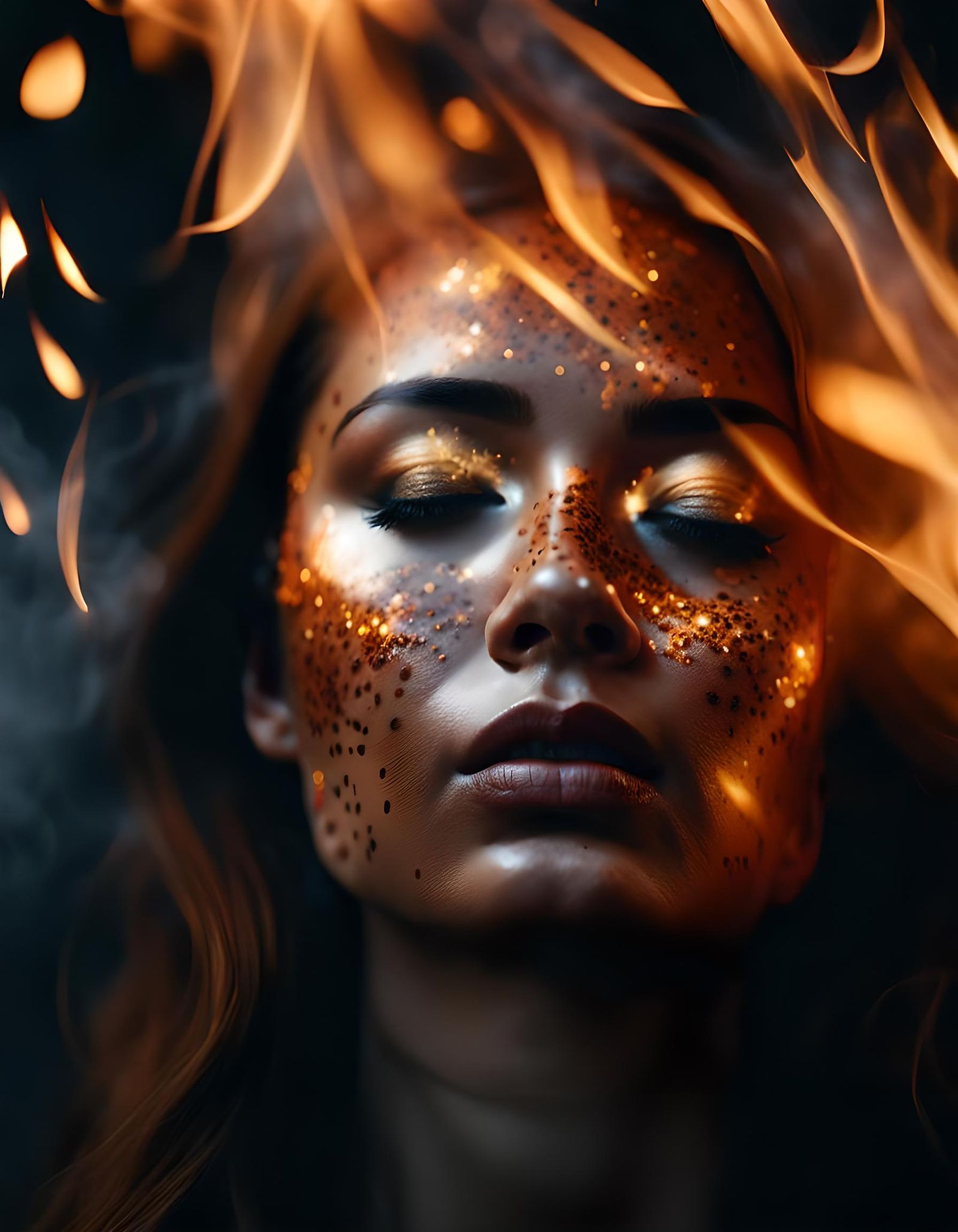 Burning Beauty: Intricate Portrait in Dark Atmosphere