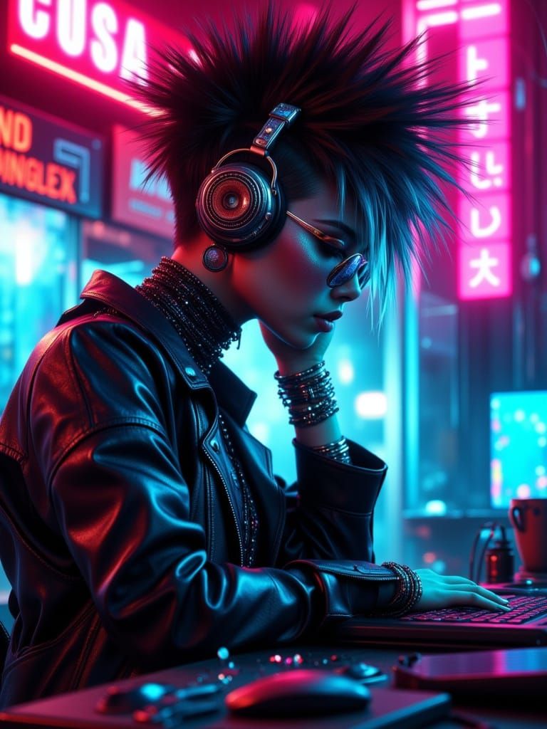 Cyberpunk Femme Punk in Neon Cafe