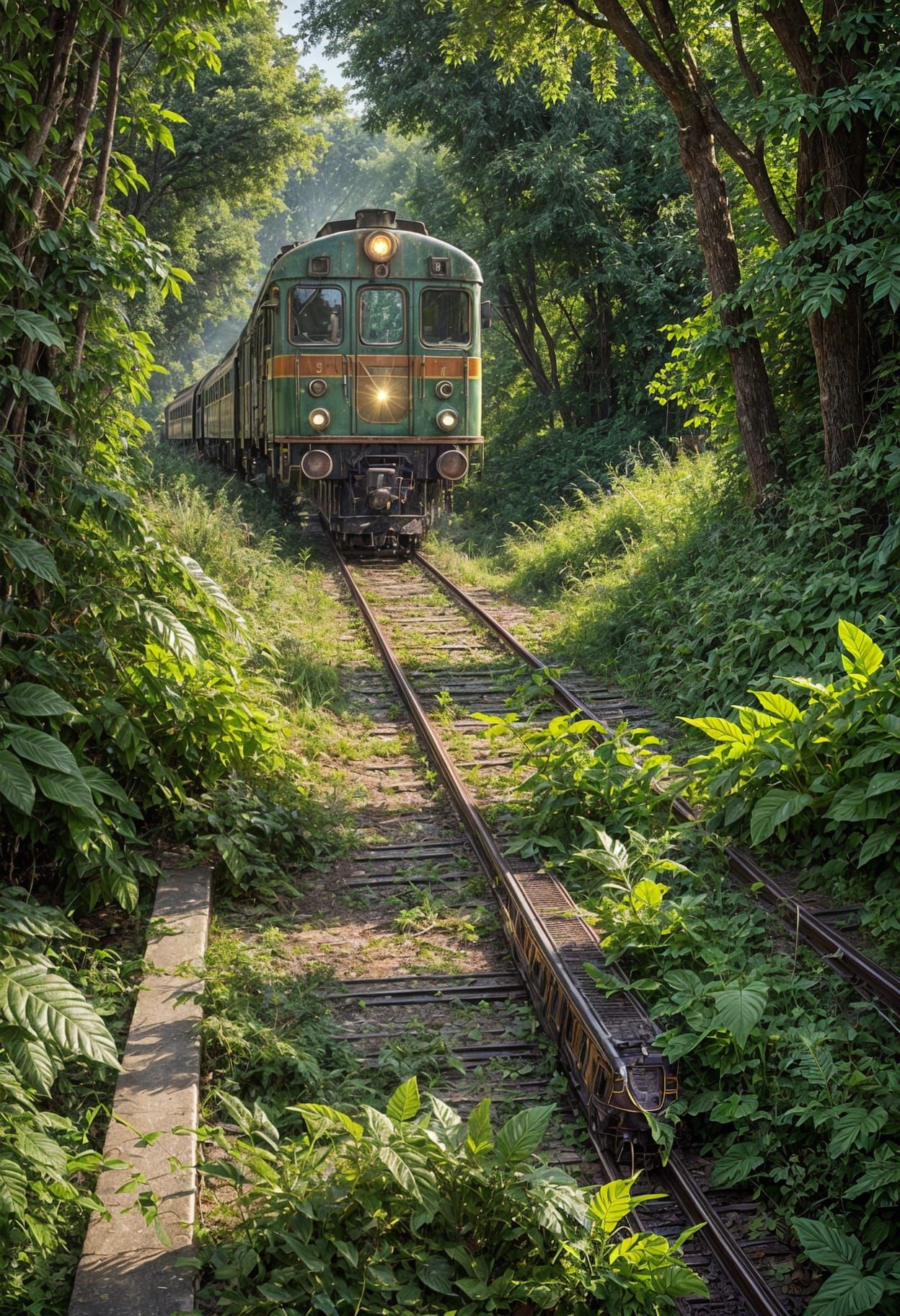 Hyper-realistic Old Train in Sunlit Forest