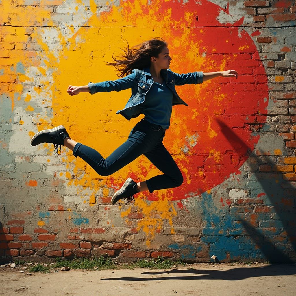 Woman Mid-Jump in Abstract Expressionist Style