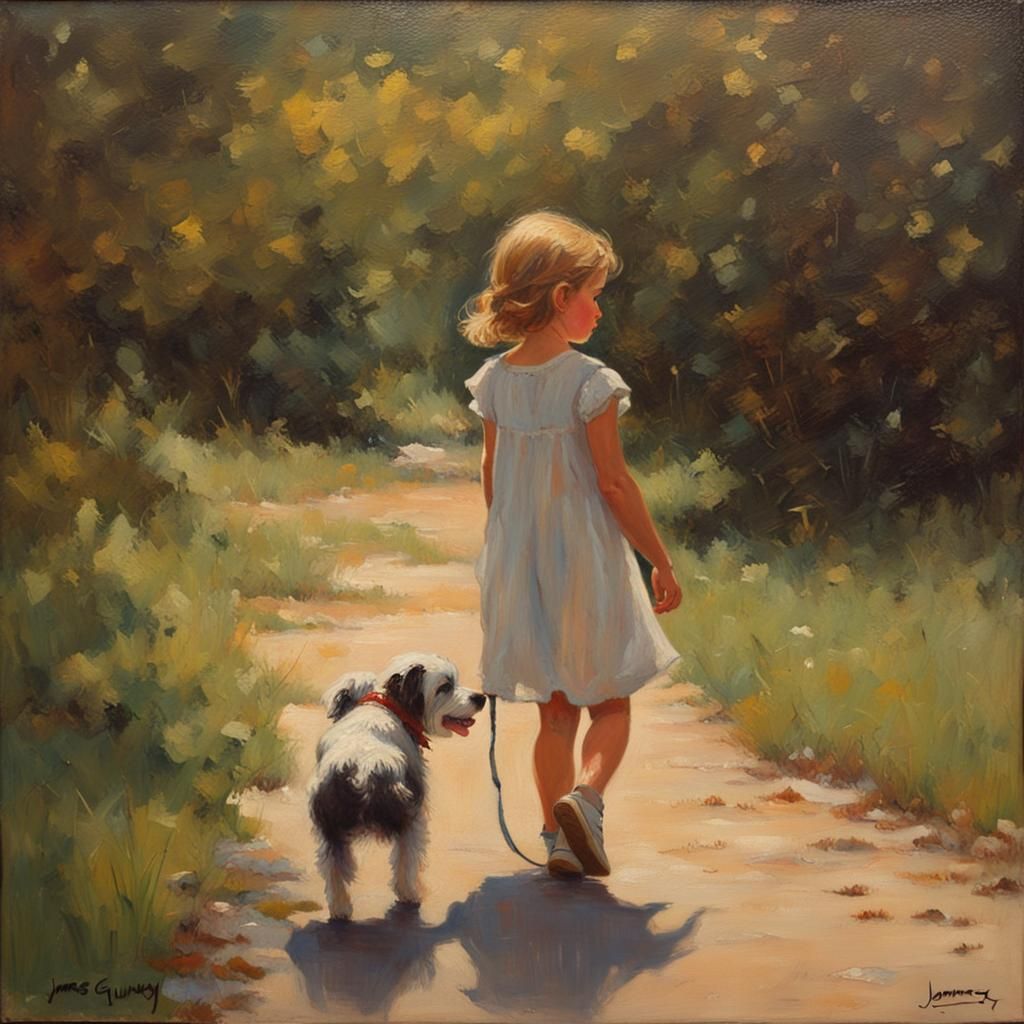 Girl and Dog Walking: Oil Painting by Gurney