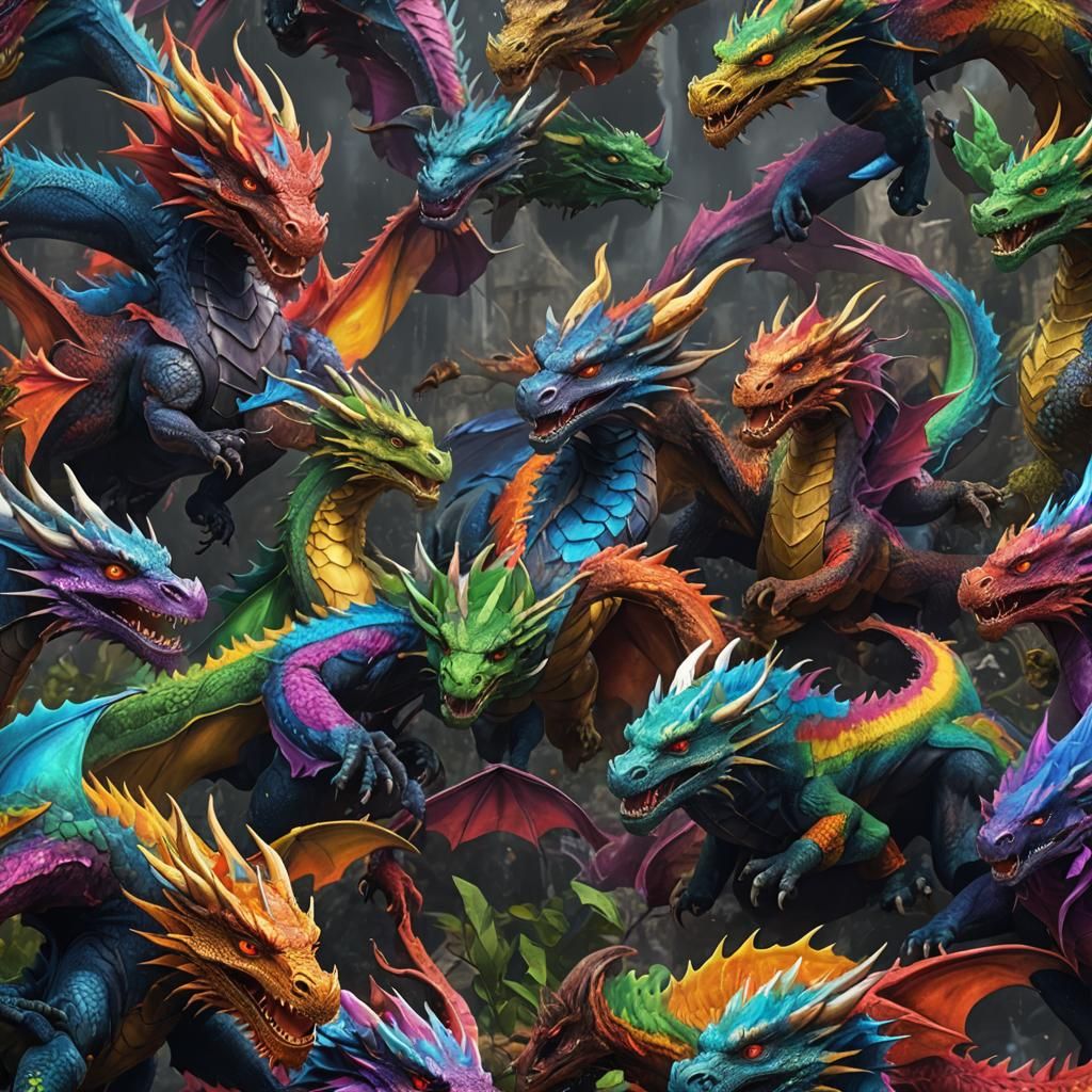 Rainbow Dragons in Detailed Matte Painting Style