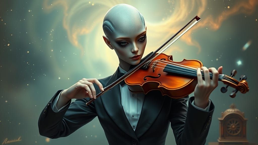 Alien Woman Plays Violin in Cosmic Dreamscape