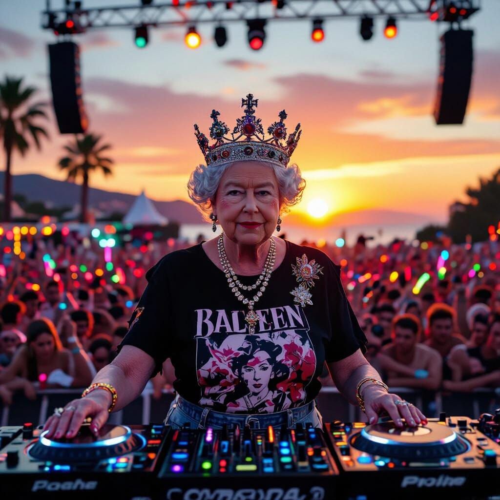 Queen Elizabeth II DJing in Ibiza, Hyper-Realistic Style