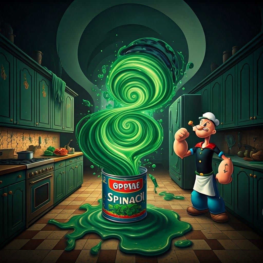 Spinach Eruption in Surrealist Kitchen Dreamscape
