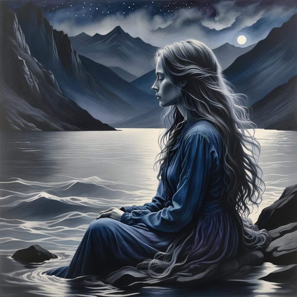 Woman at Lake: Charcoal Drawing in Art Nouveau Style