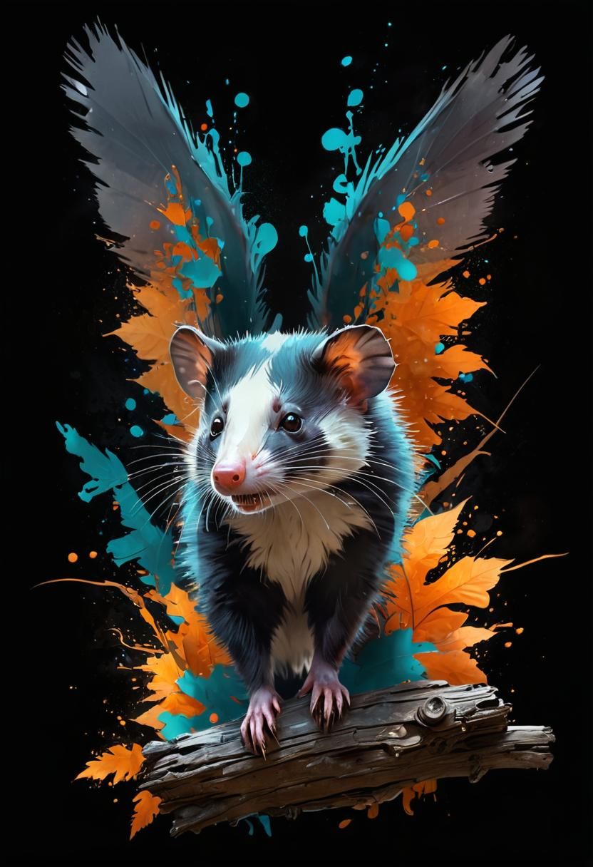 Cute Opossum in Watercolor Splatter Art