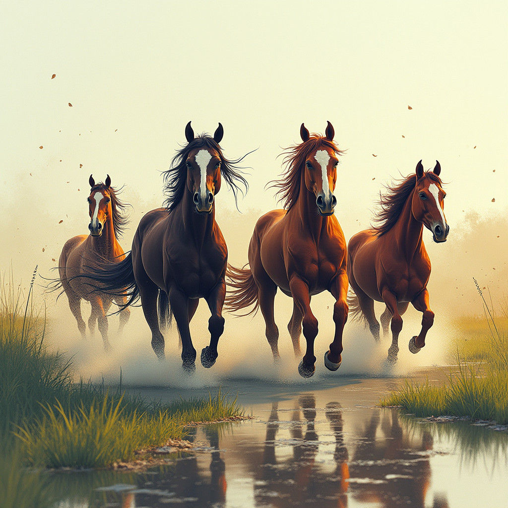 Native Americans on Wild Horses in Watercolor