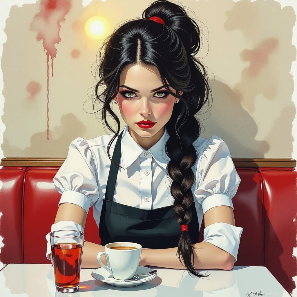 Ominous Waitress Portrait In Watercolors and Ink