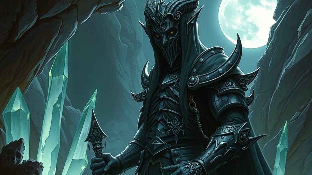 Drow Elf Warrior in Moonlit Cavern: Dark Fantasy Art