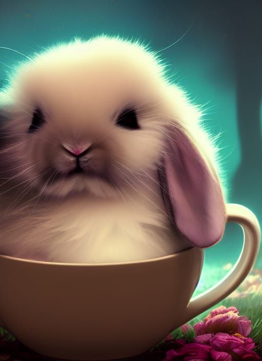 Cute Bunny Sleeping in Teacup: Fantasy Concept Art