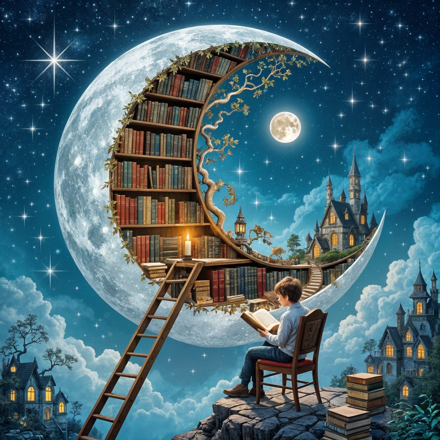 Enchanted Moon Library Scene with Boy Reading