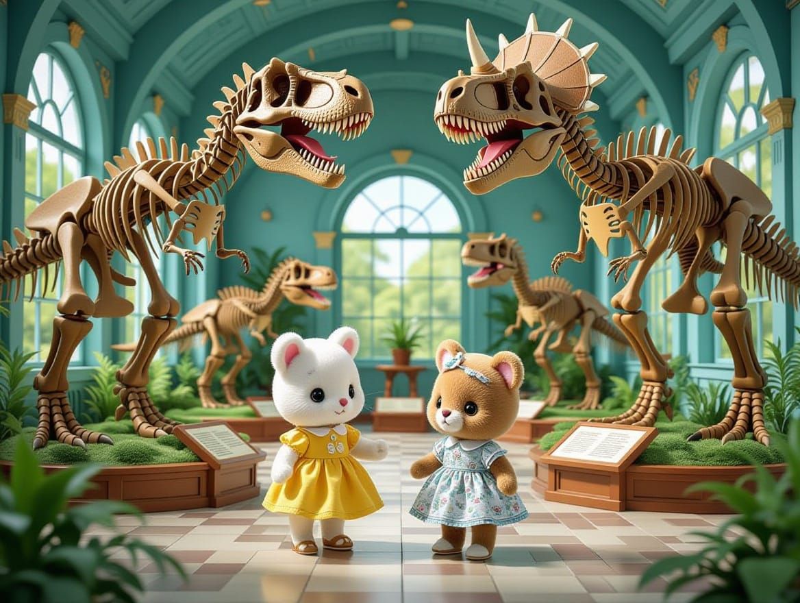 Calico Critters Explore Dinosaur Museum in Folk Art Style