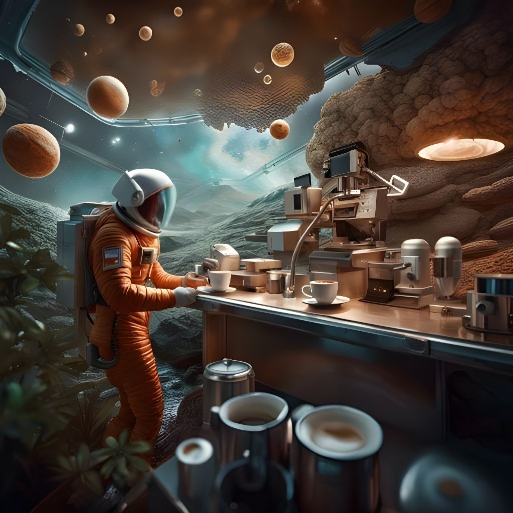Astronaut Barista on Mars: Hyperrealistic Photoillustration