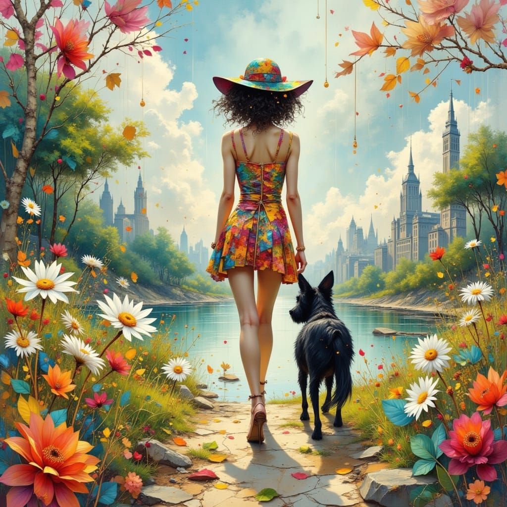 Woman and Dog Walk in Sunny Cityscape with Daisies