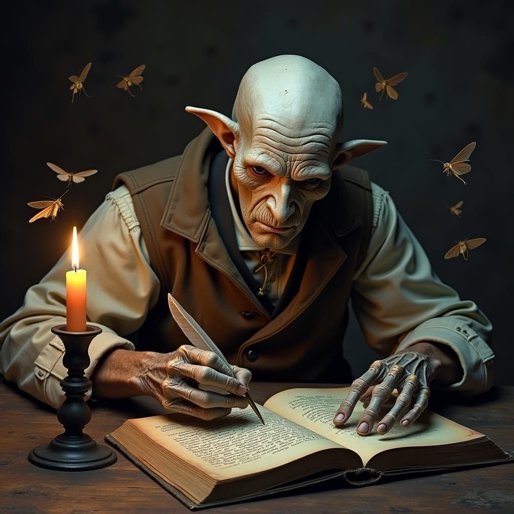 Ornate Script: Man Writing Surrounded by Moths