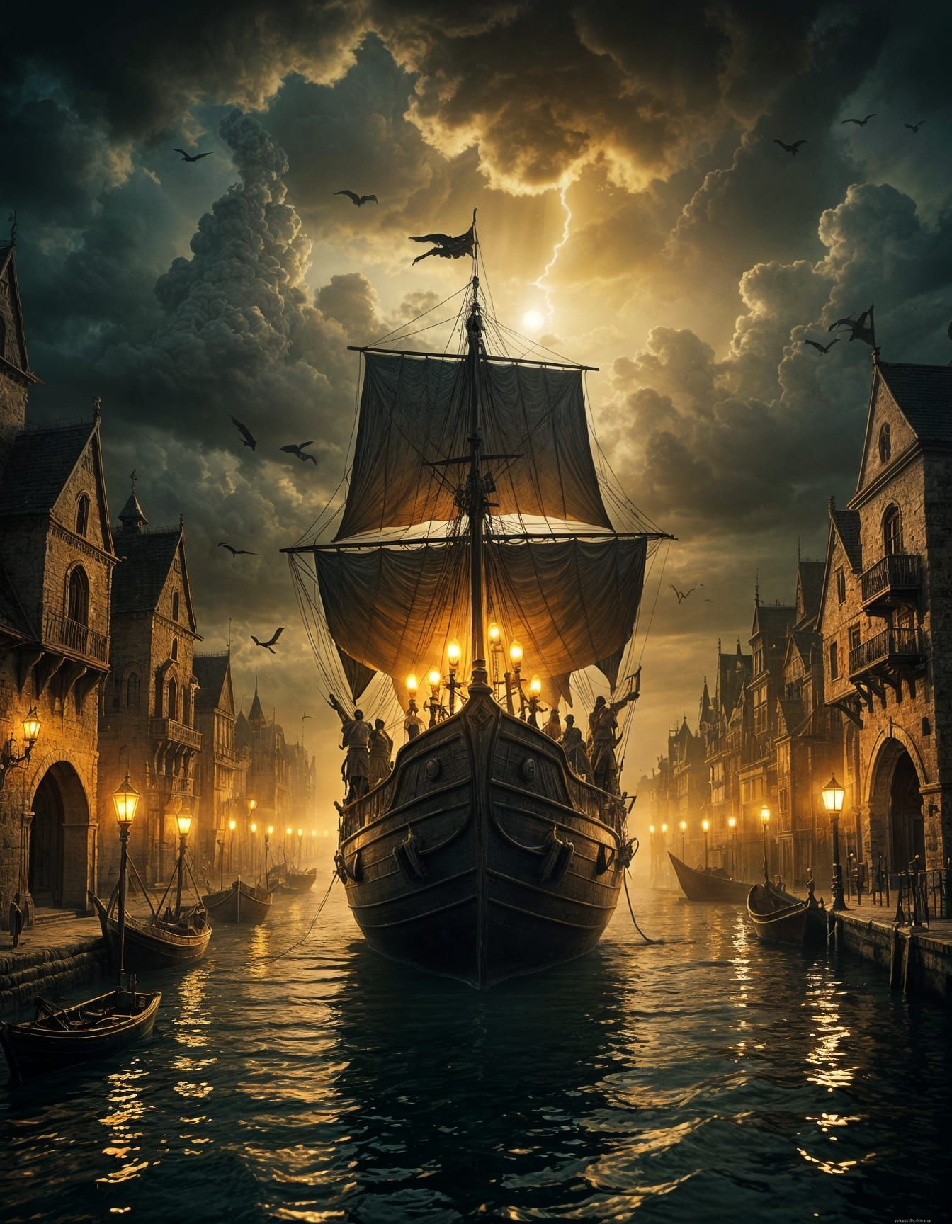 Creepy Ghost Pirate Ship in Medieval City