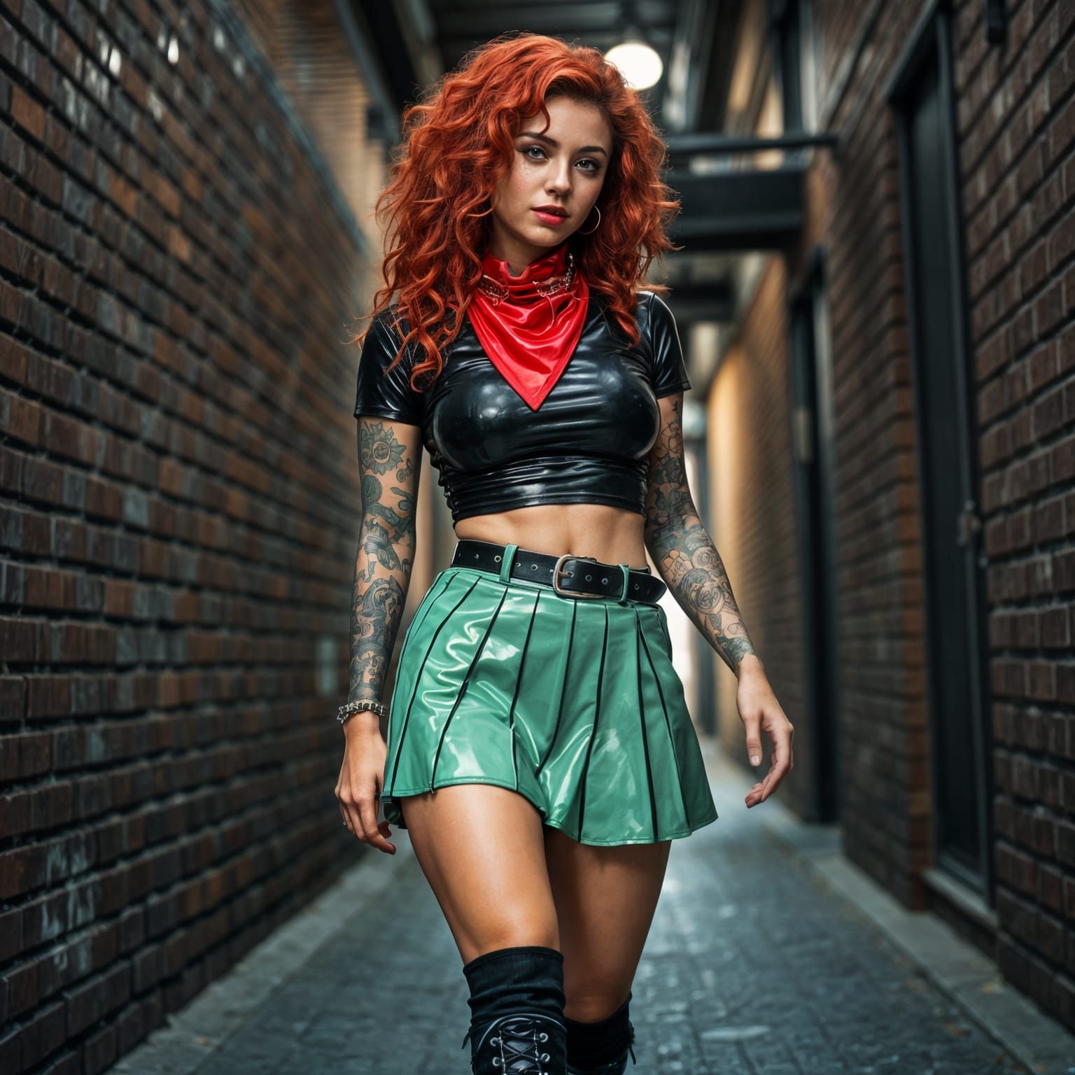 Punk Girl in Latex Outfit Posing in Alley