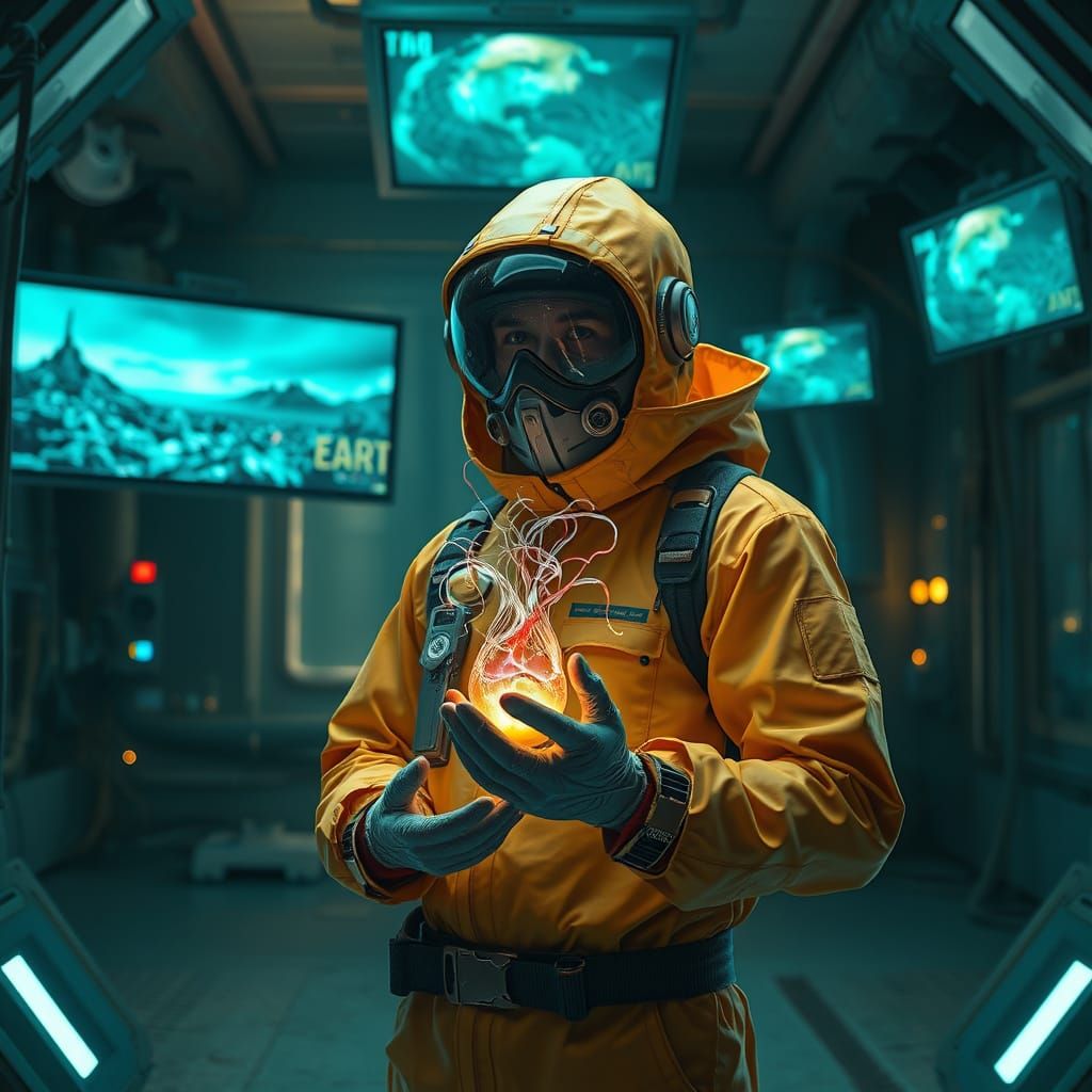 Cyberpunk Scientist Holds Glowing Seed in Underground Lab