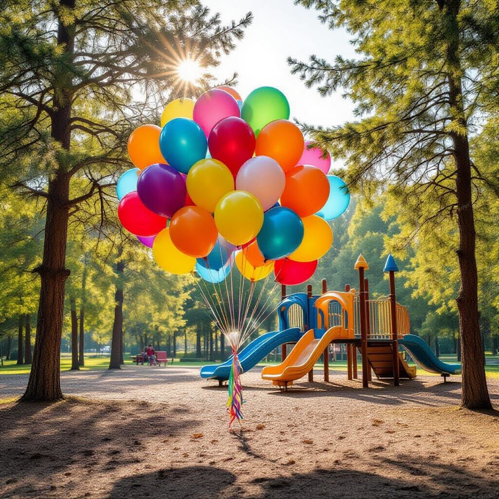 Photorealistic Balloons Float Above Playground on Sunny Day