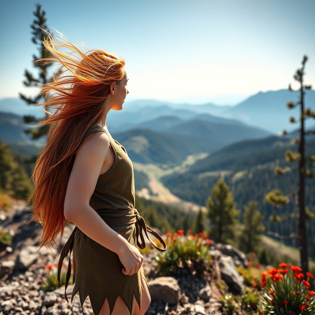 Red-Haired Elf Overlooking Sun-Drenched Valley