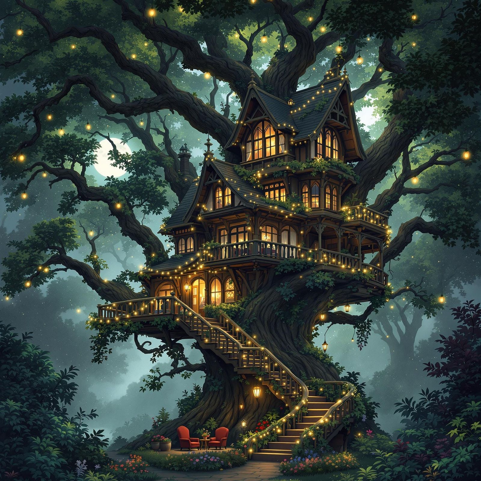 Whimsical Treehouse in a Moonlit Forest