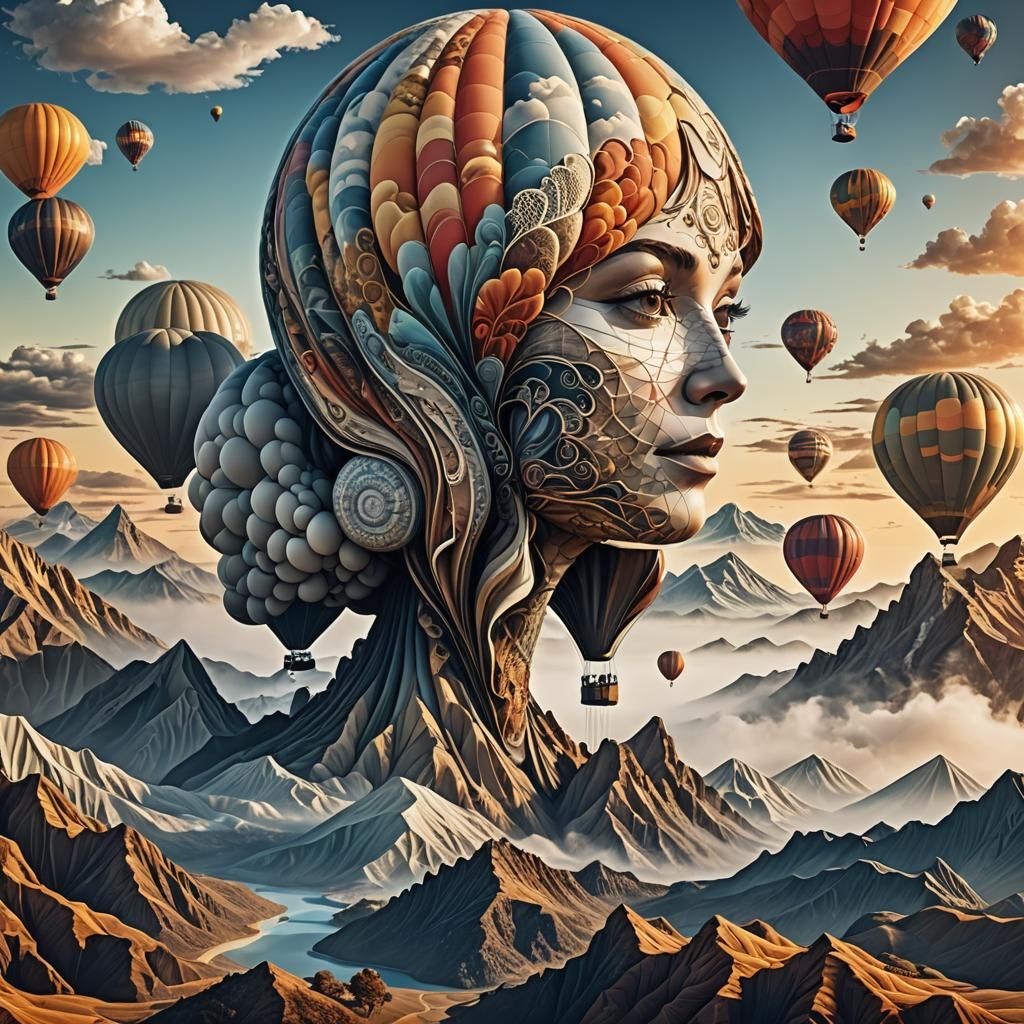 Woman in Hot Air Balloon at Sunrise, 3D Shading