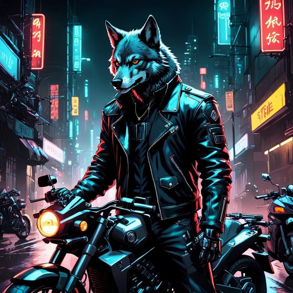 Wolf in Leather Coat with Gun on Motorbike